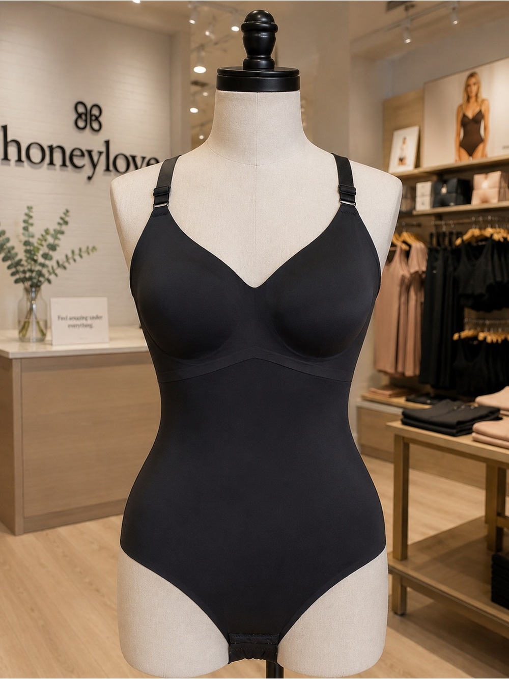 Honeylove Cami Bodysuit Size L Black Vamp Shapewear Built In Bra